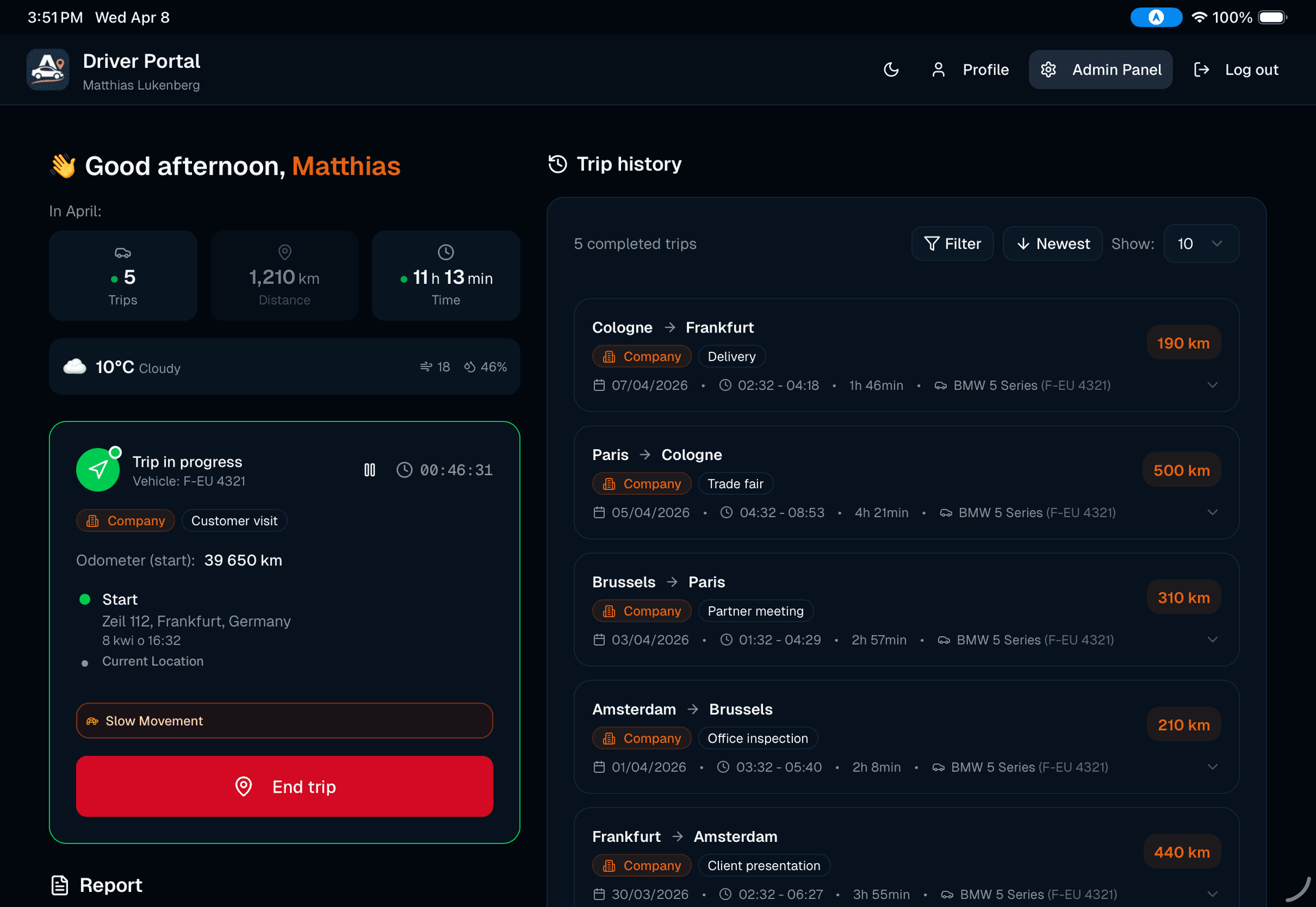 Aroute web app: driver portal in dark mode