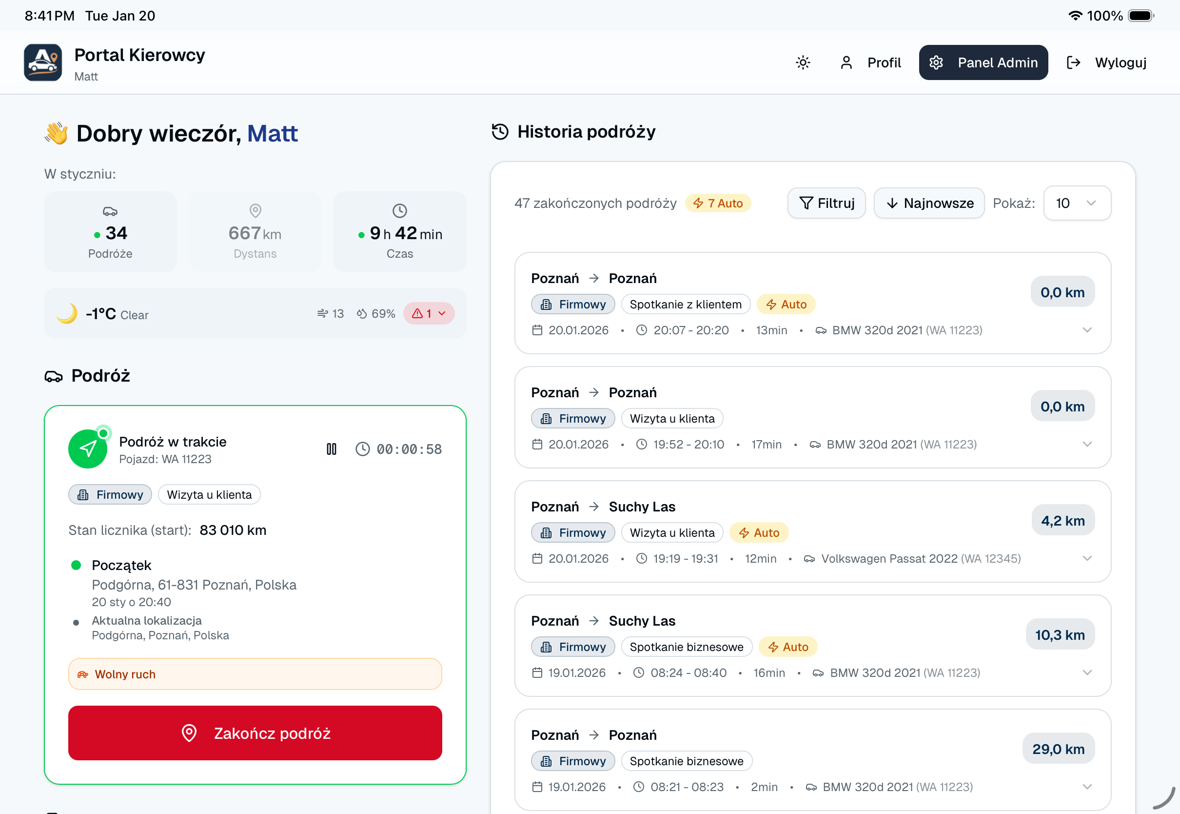 Autokilometry - Panel kierowcy (light)